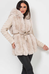faux fur faux leather hooded jacket cream
