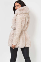 cream faux fur faux leather hooded jacket with belt womens