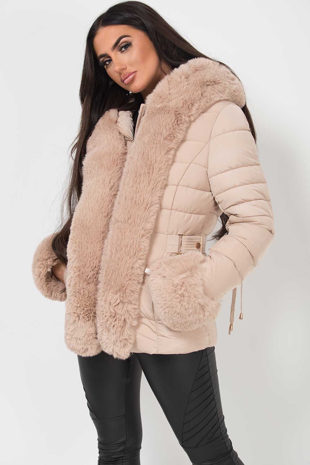 beige puffer jacket with faux fur hood and cuffs