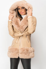 faux fur hooded pu leather jacket womens 