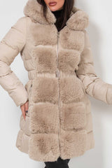 long puffer down coat with faux fur hood and trim beige