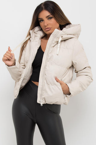 Women's Faux Leather Puffer Jacket With Hood Beige –