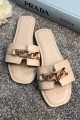 womens flat sliders with gold chain 