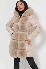 faux fur hooded trim puffer padded quilted long jacket with belt