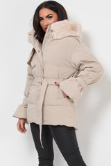 womens beige puffer padded coat with faux fur hood