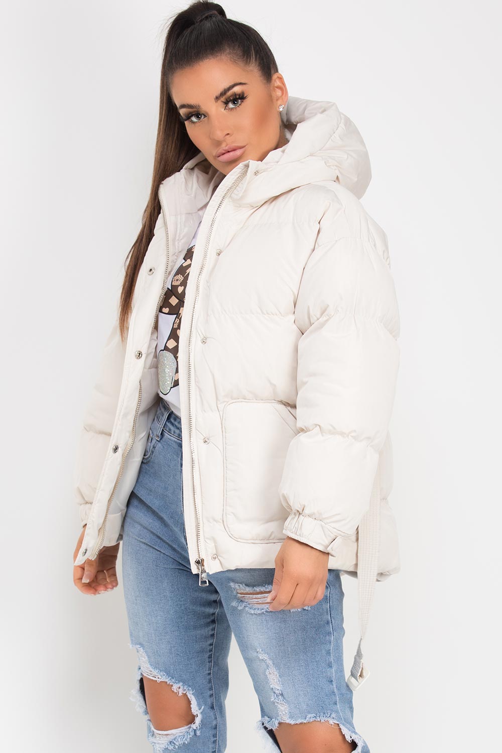 puffer padded jacket with belt beige