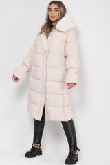 long puffer coat with faux fur hood womens