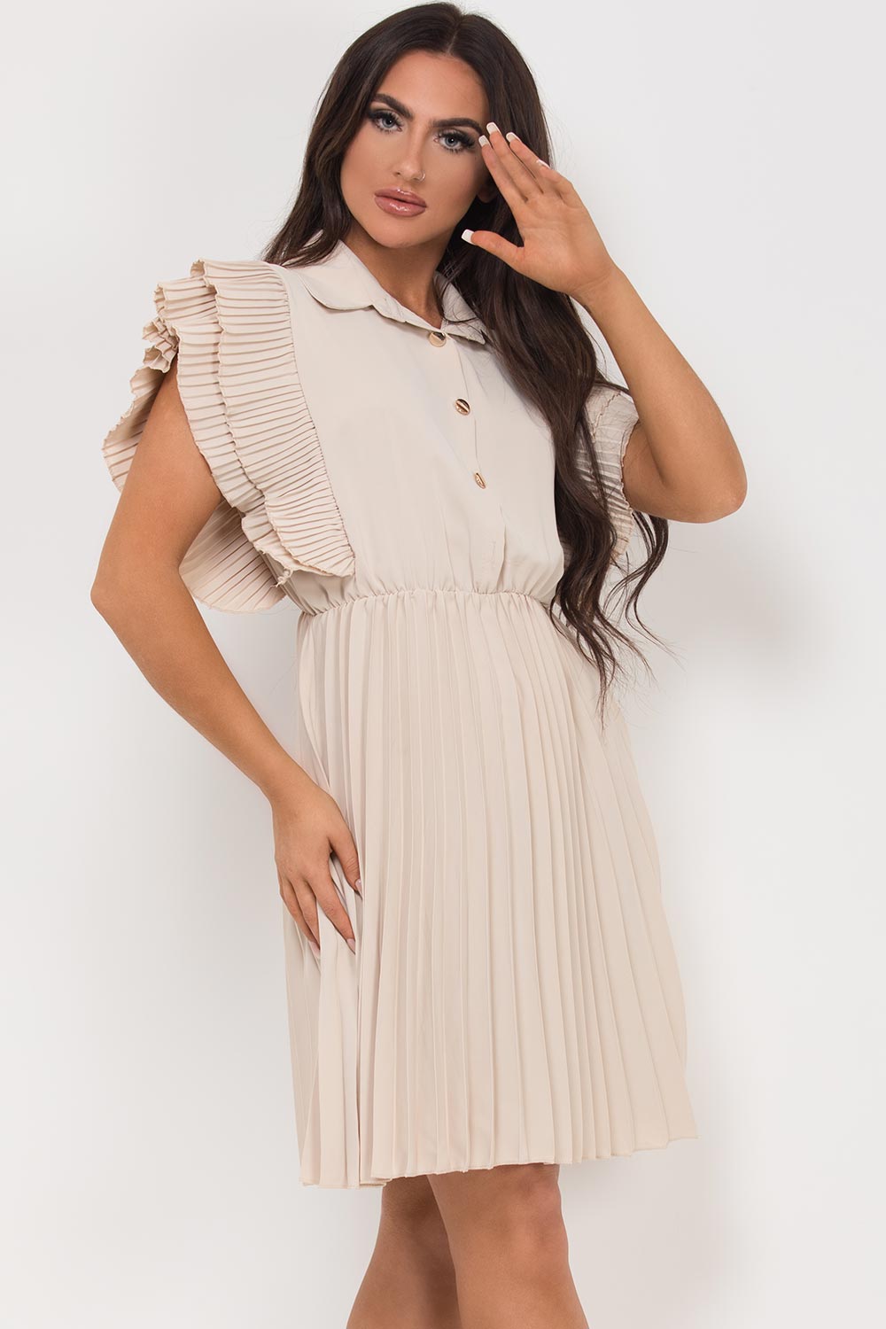 frill shoulder pleated occasion dress