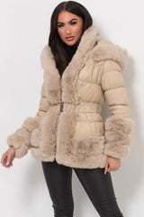 puffer jacket with fur hood and trim beige