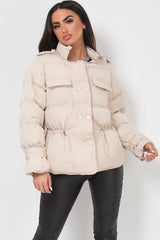 puffer padded quilted jacket with drawstring waist beige