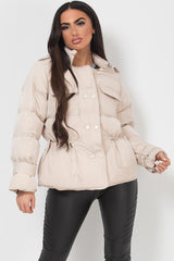 puffer jacket with drawstring waist beige