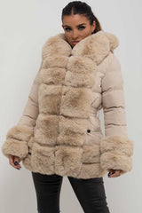 puffer jacket with fur hood cuff and trim with belt