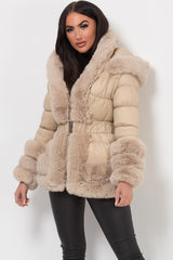 fur hood cuff and trim belted puffer down jacket