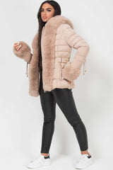 faux fur hood and cuff puffer padded jacket beige