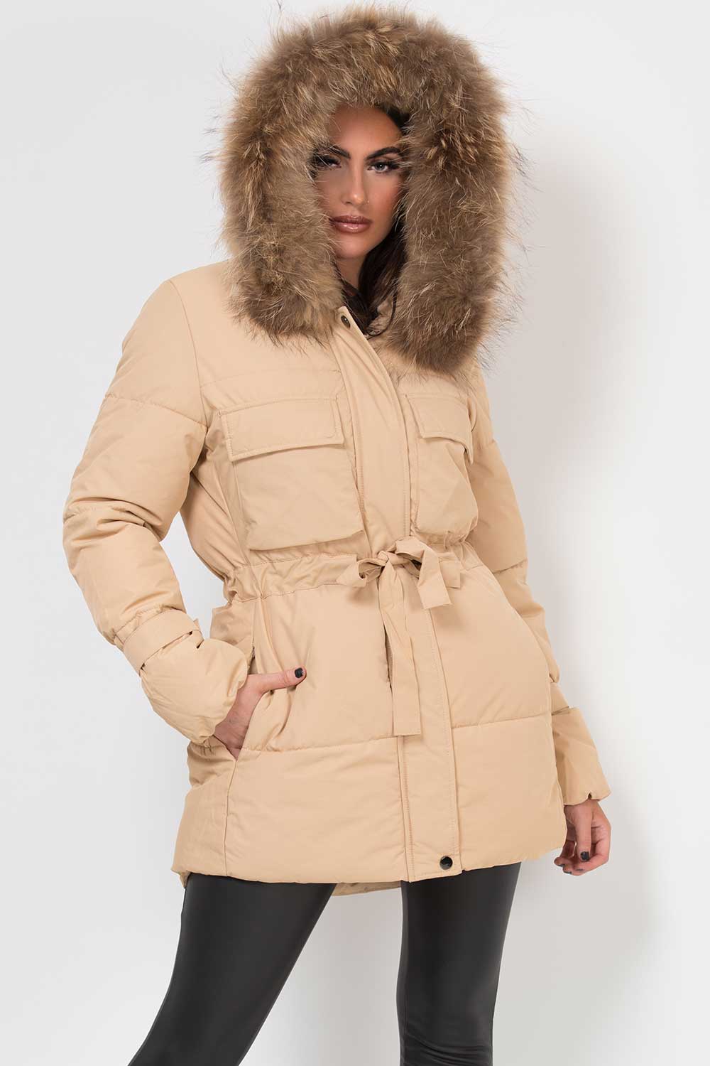 real fur hood puffer coat beige