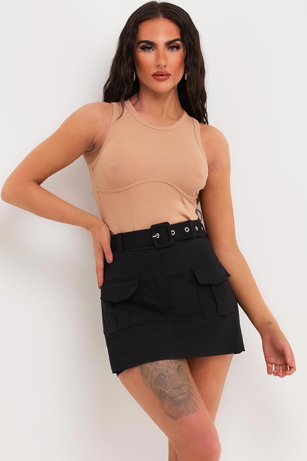 beige ribbed crop top with cup detail