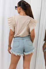 ruffle sleeve top beige sale uk