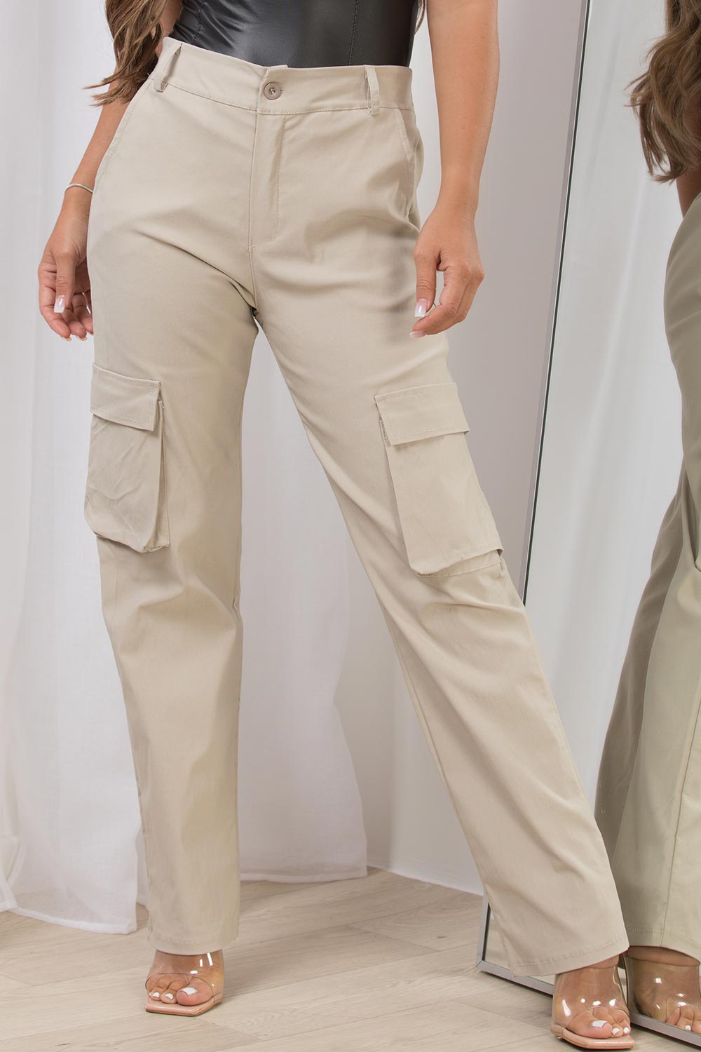 beige high waisted cargo trousers