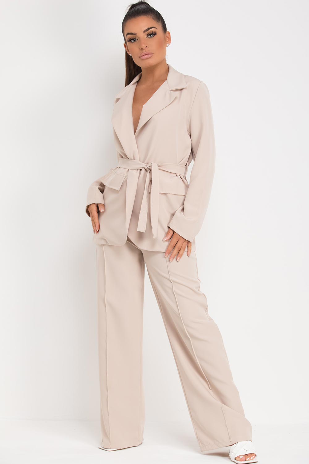 belted blazer and wide leg trousers set stone