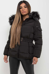 faux fur hooded coat with belt