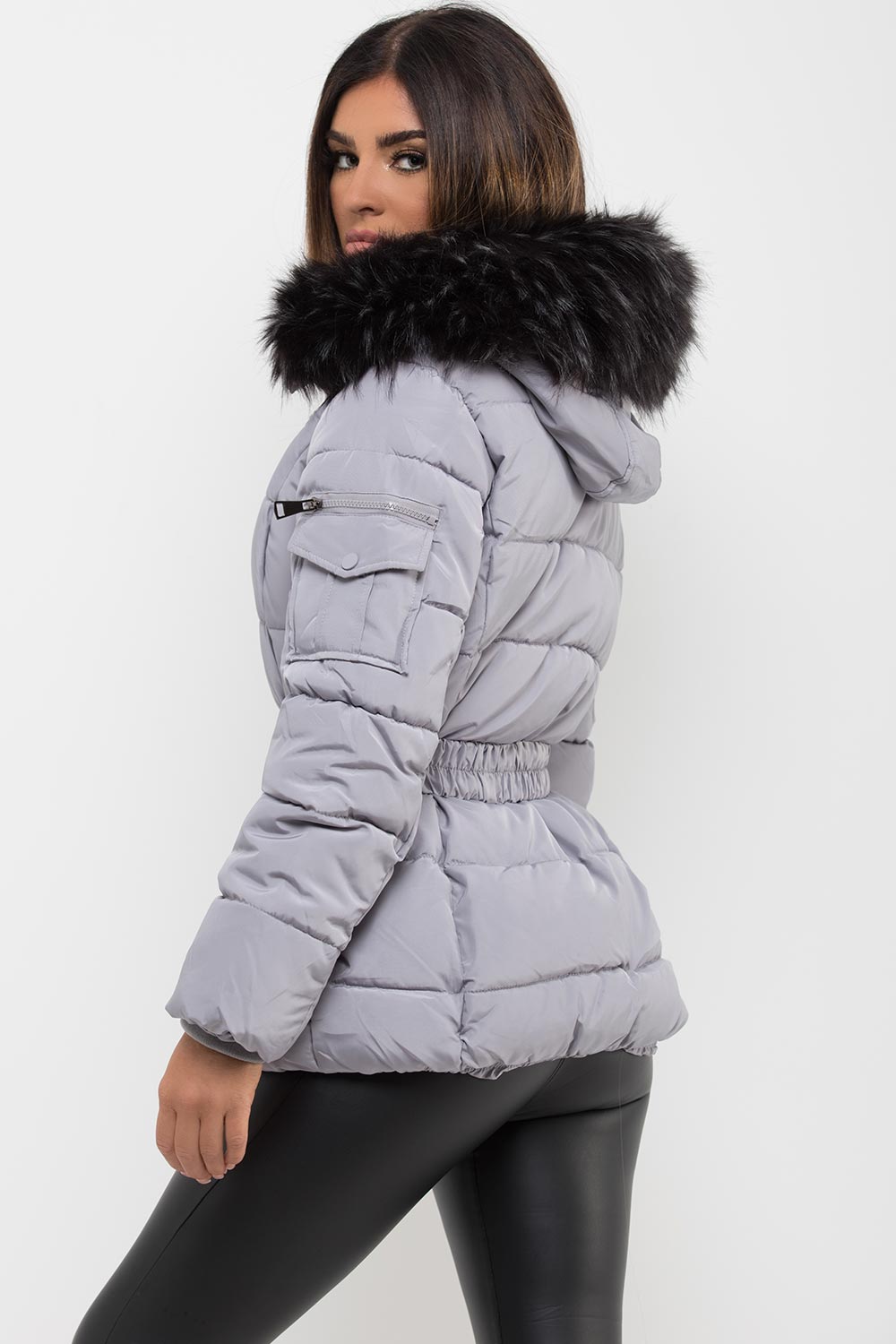 faux fur hood padded puffer jacket with belt womens