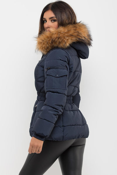 Womens Faux Fur Hooded Jacket With Belt Navy – Styledup.co.uk