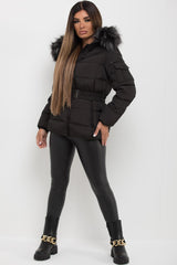 black chunky faux fur hooded coat