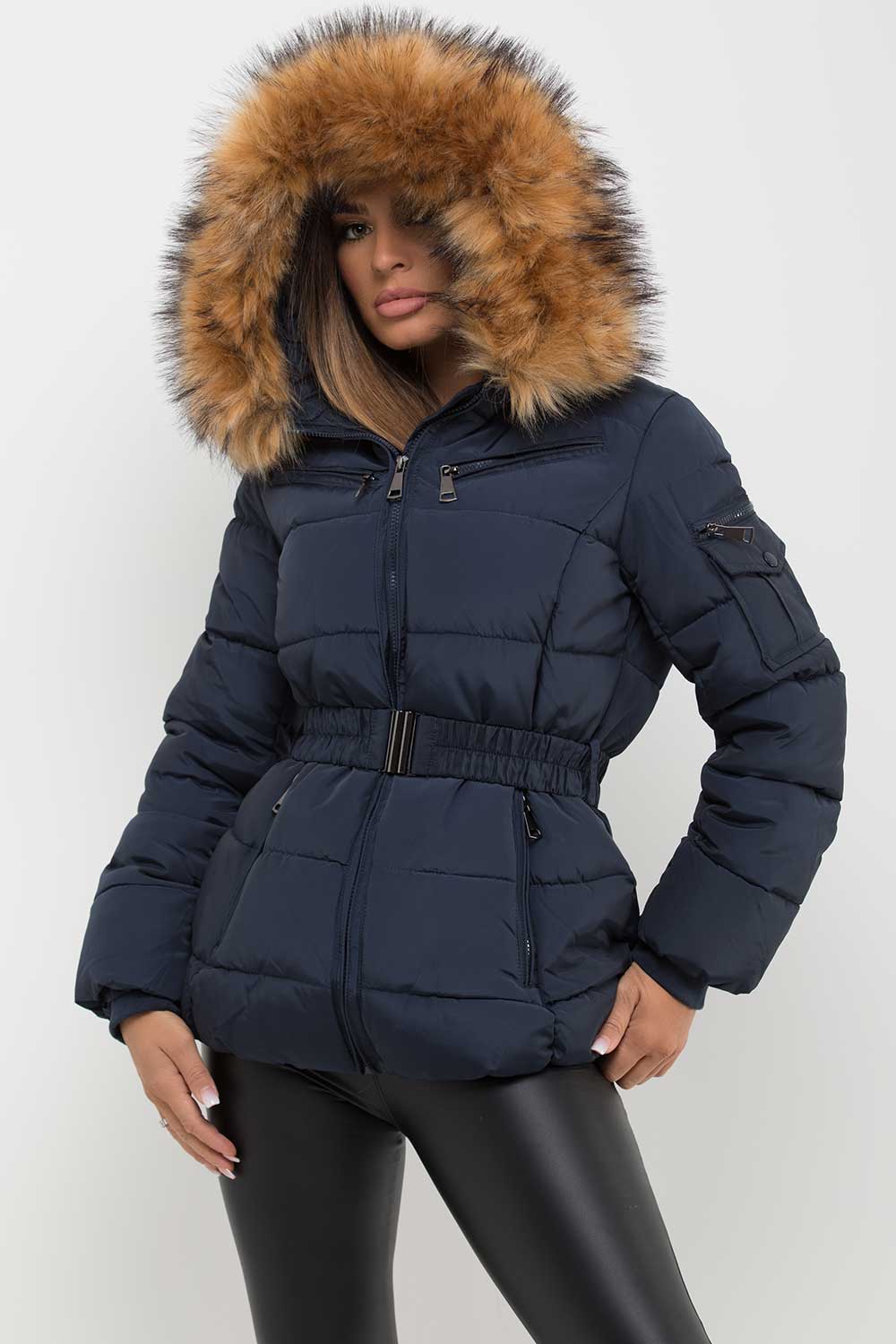 navy puffer coat with faux fur hood and belt