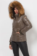 khaki puffer jacket with real fur hood