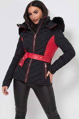 puffer jacket with fur hood black and red