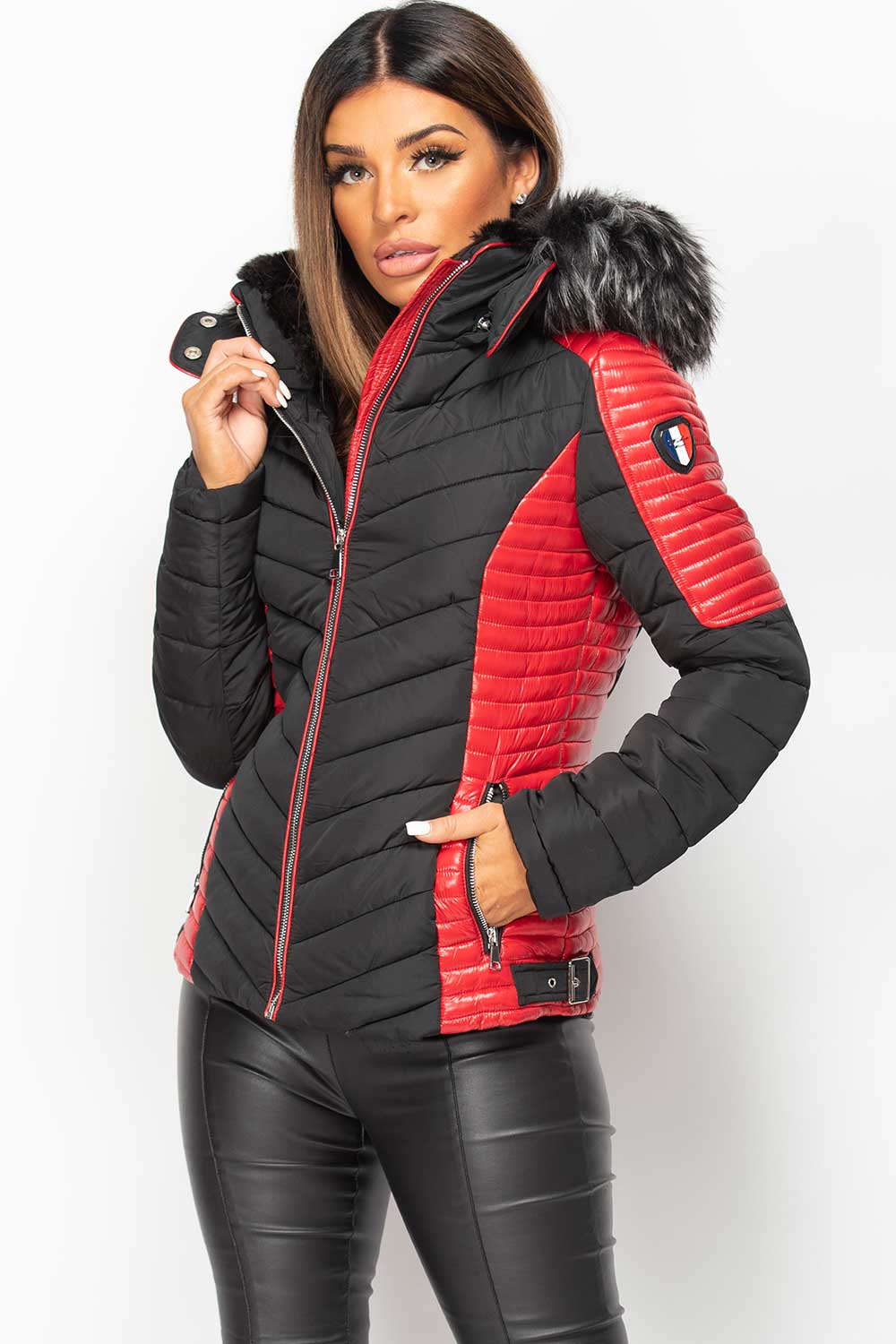 Puffer Coat With Faux Fur Black And Red