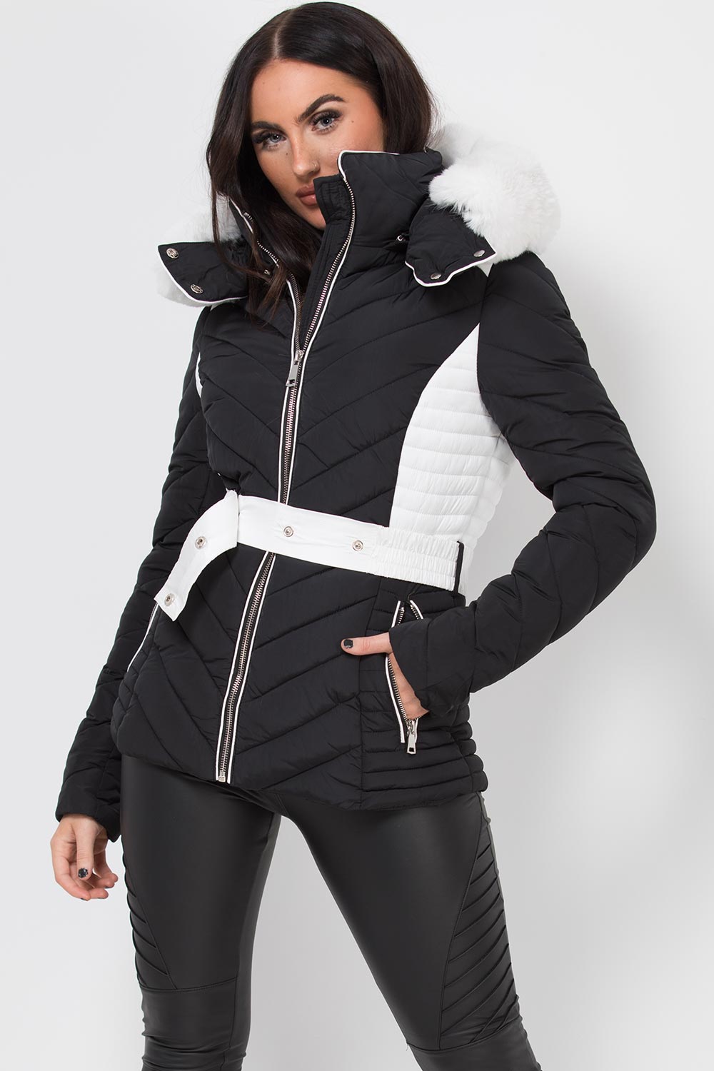 womens puffer jacket black and white