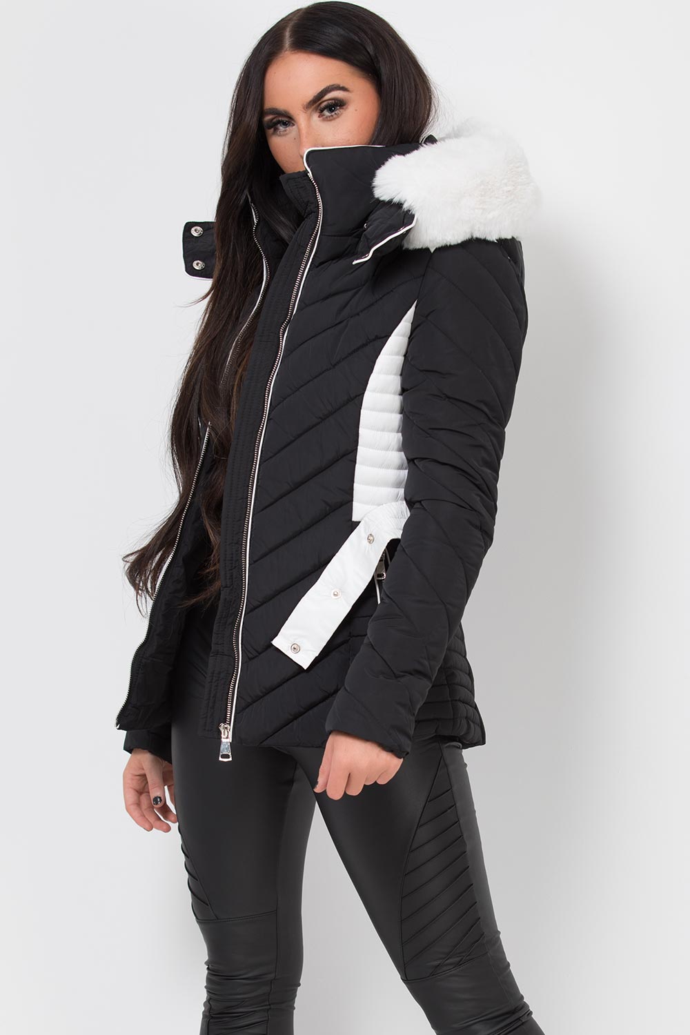 Women's Puffer Quilted Jacket With Faux Fur Hood Belted Black & White ...