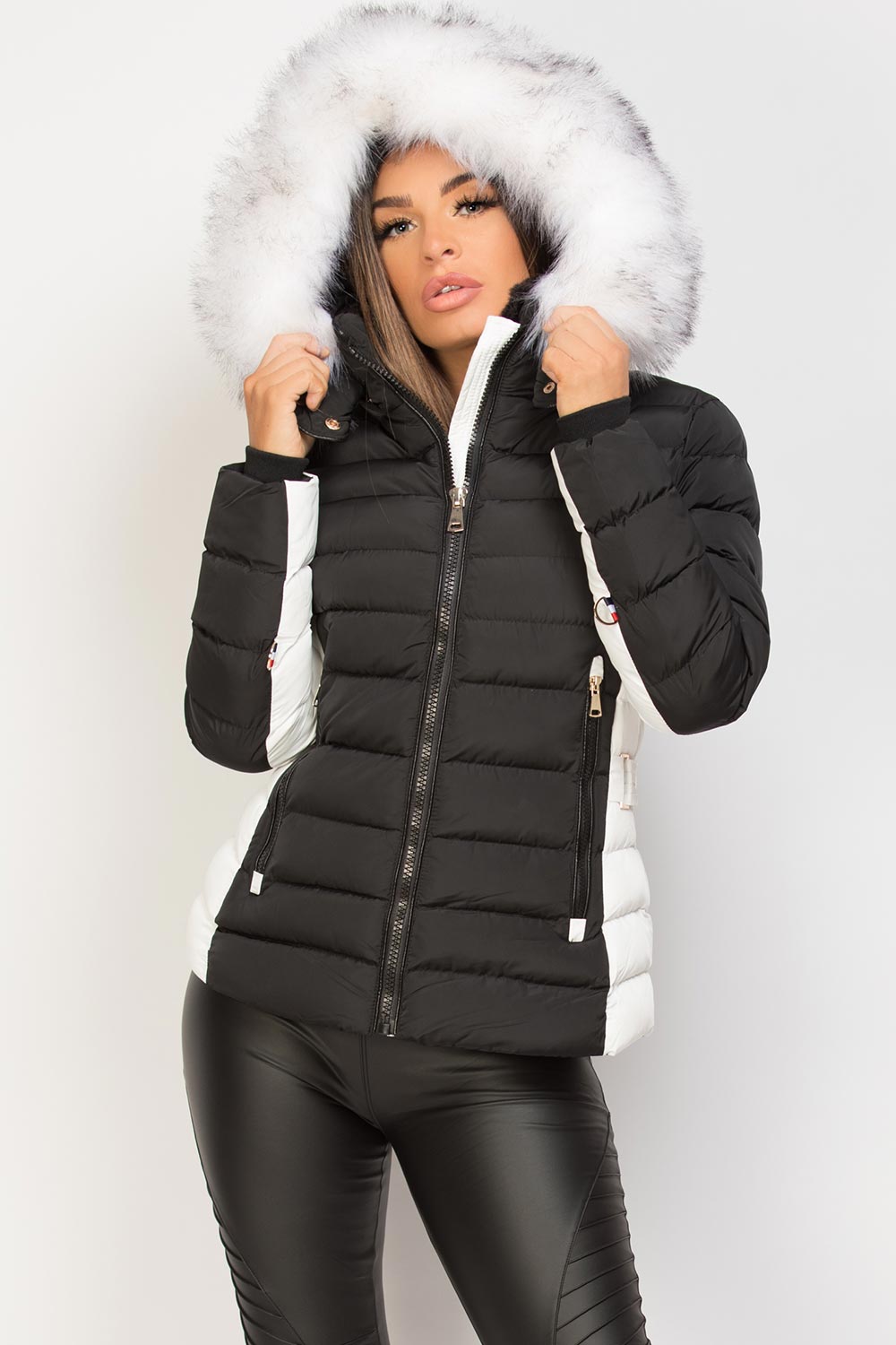 faux fur hood puffer padded jacket black and white 