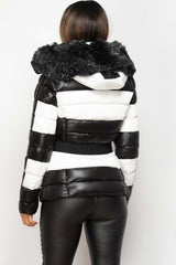 black and white puffer coat with fur hood