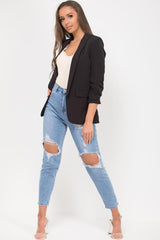 ruched sleeve black blazer with lapel longline collar