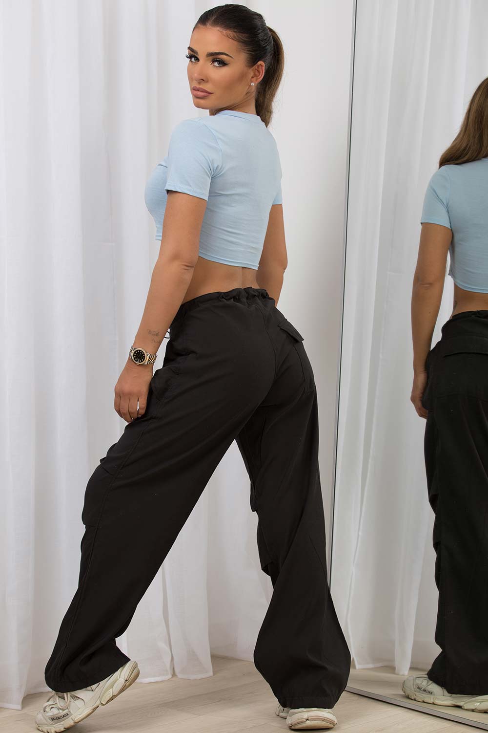 Women's Black Cargo Pants With Toggle Detail –