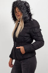 big fur hood coat black womens 