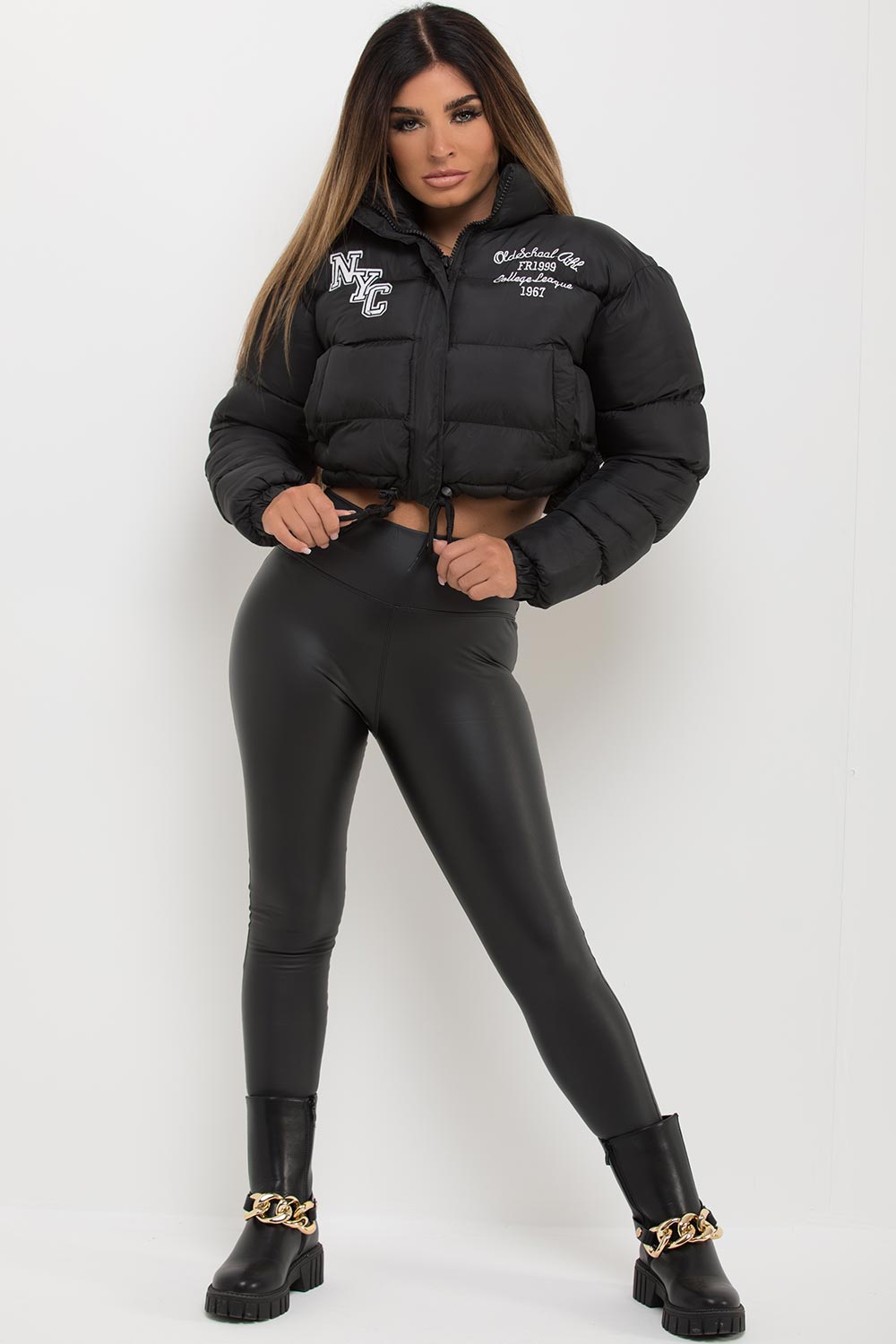 black crop padded puffer jacket with drawstring waist