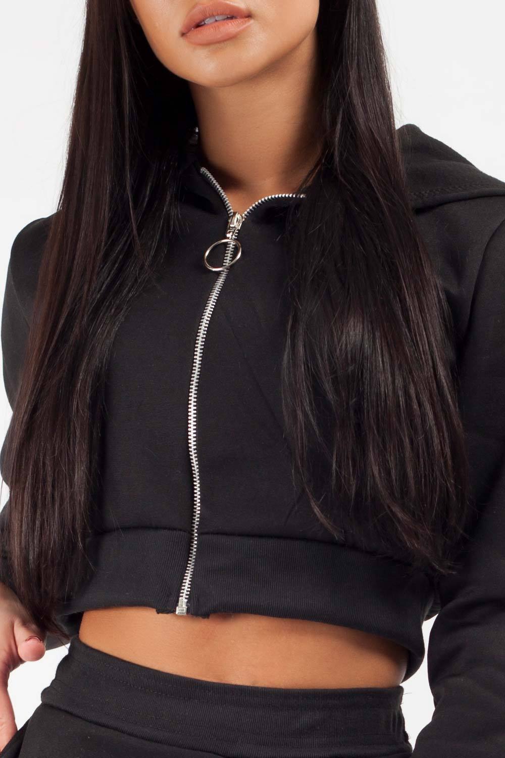 black cropped hooded zipper and joggers co ord set 