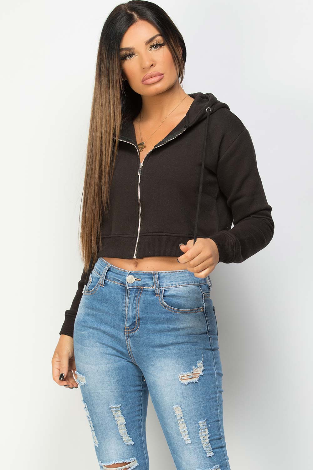 Womens Cropped Zip Up Hoodie Black Crop Sweatshirt –