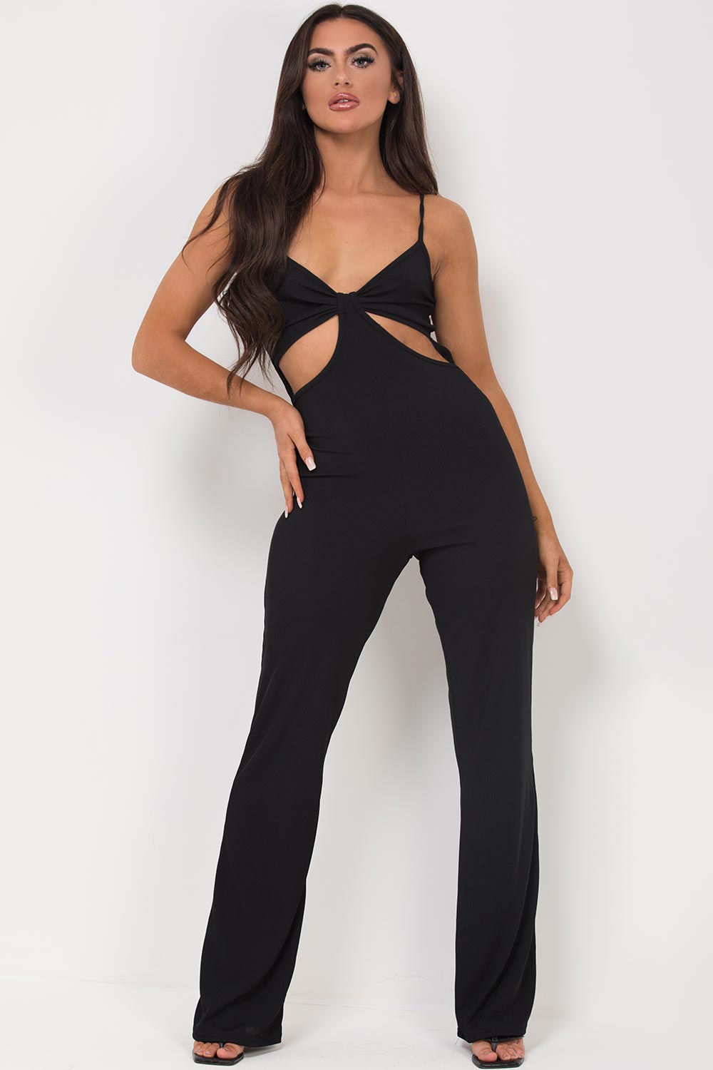 black cut out front rib strappy jumpsuit uk