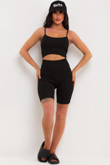 ribbed cycling shorts and crop top gym wear set womens