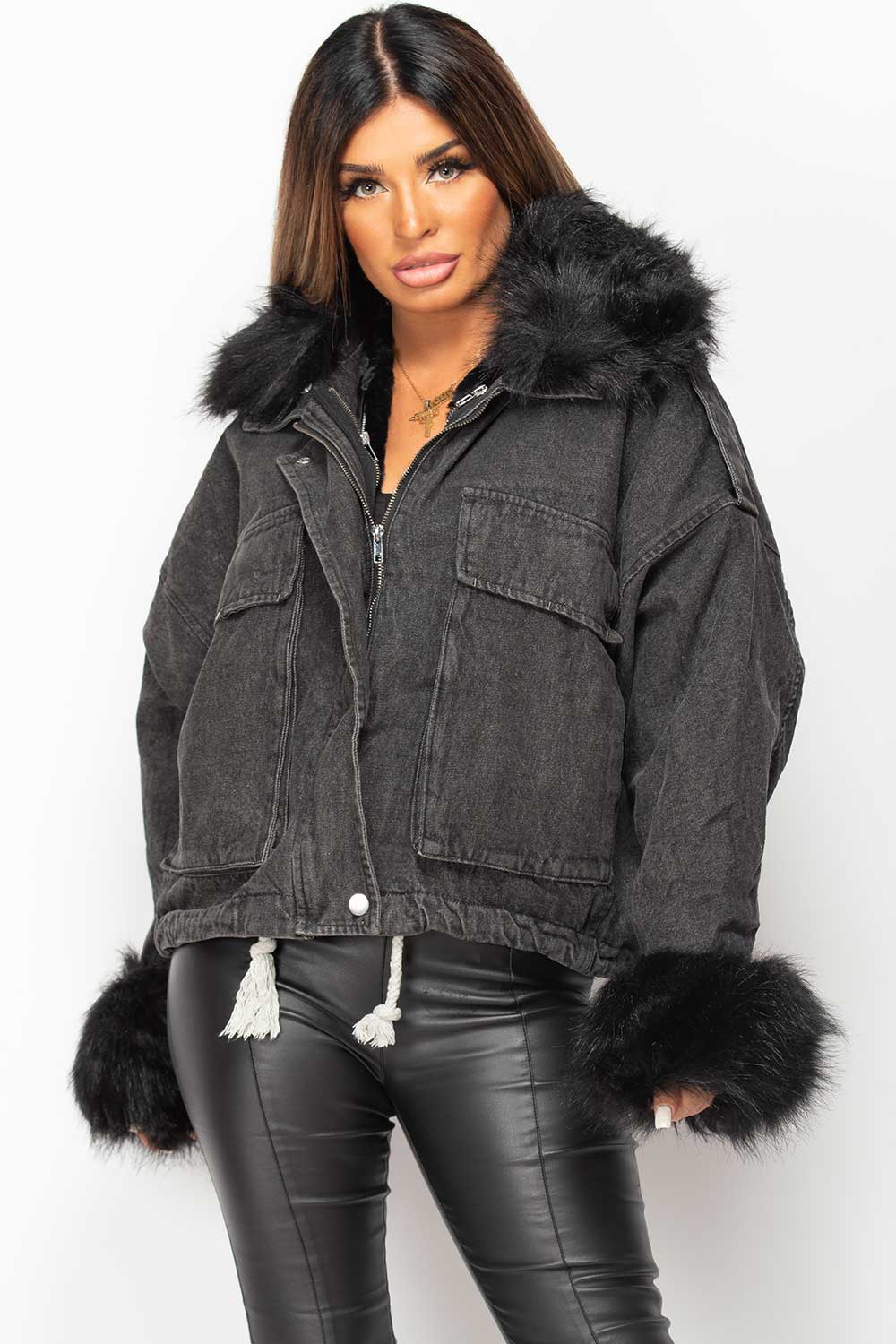 black faux fur oversized denim jacket uk 
