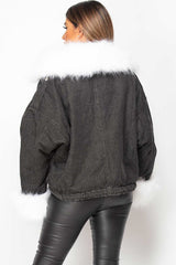 womens oversized black denim jacket with faux fur 