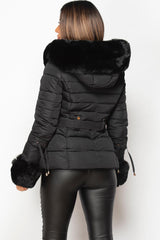 black padded puffer jacket with faux fur hood 