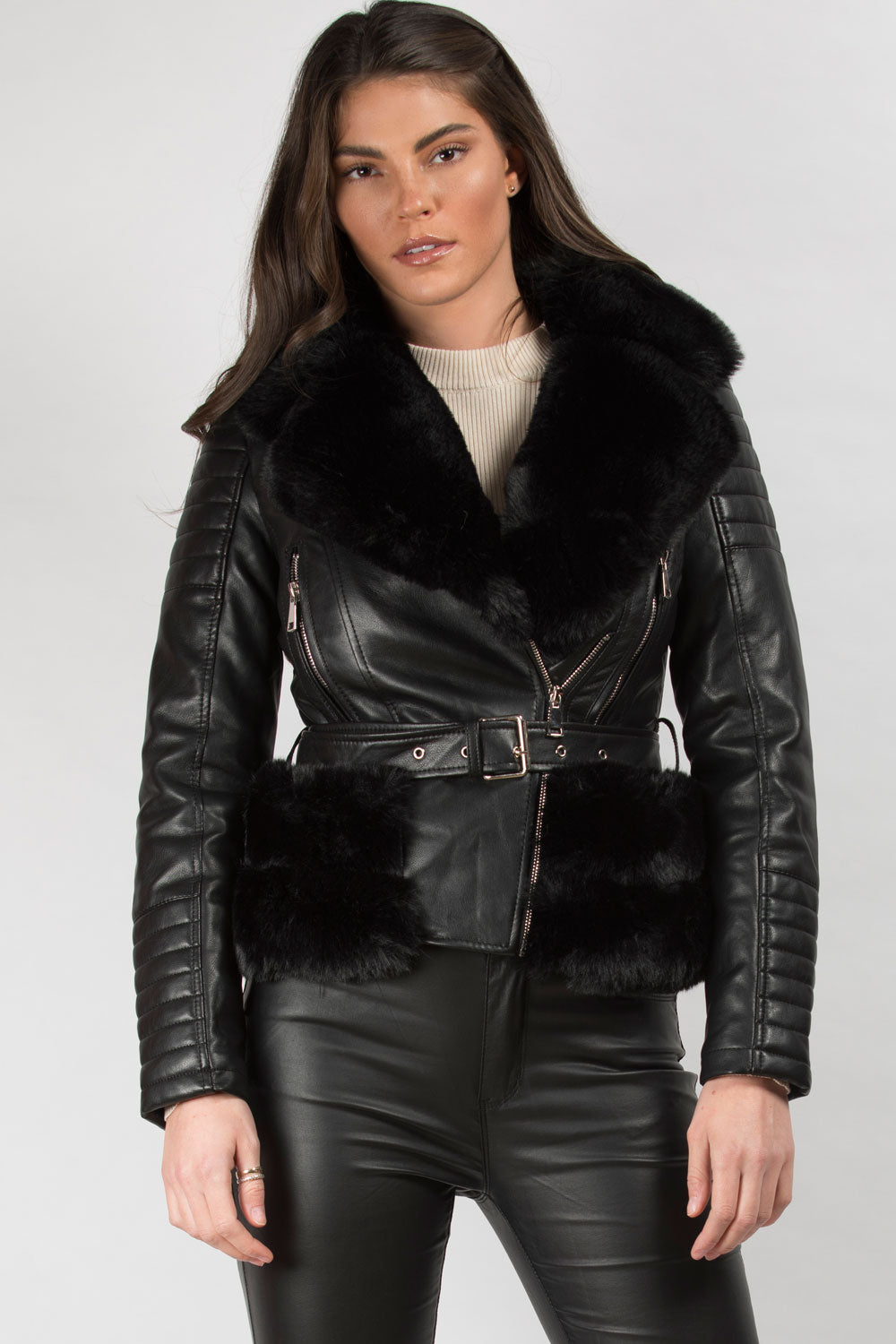 Black Faux Fur Faux Leather Belted Jacket Biker Style –