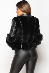 womens faux fur faux leather biker jacket black 