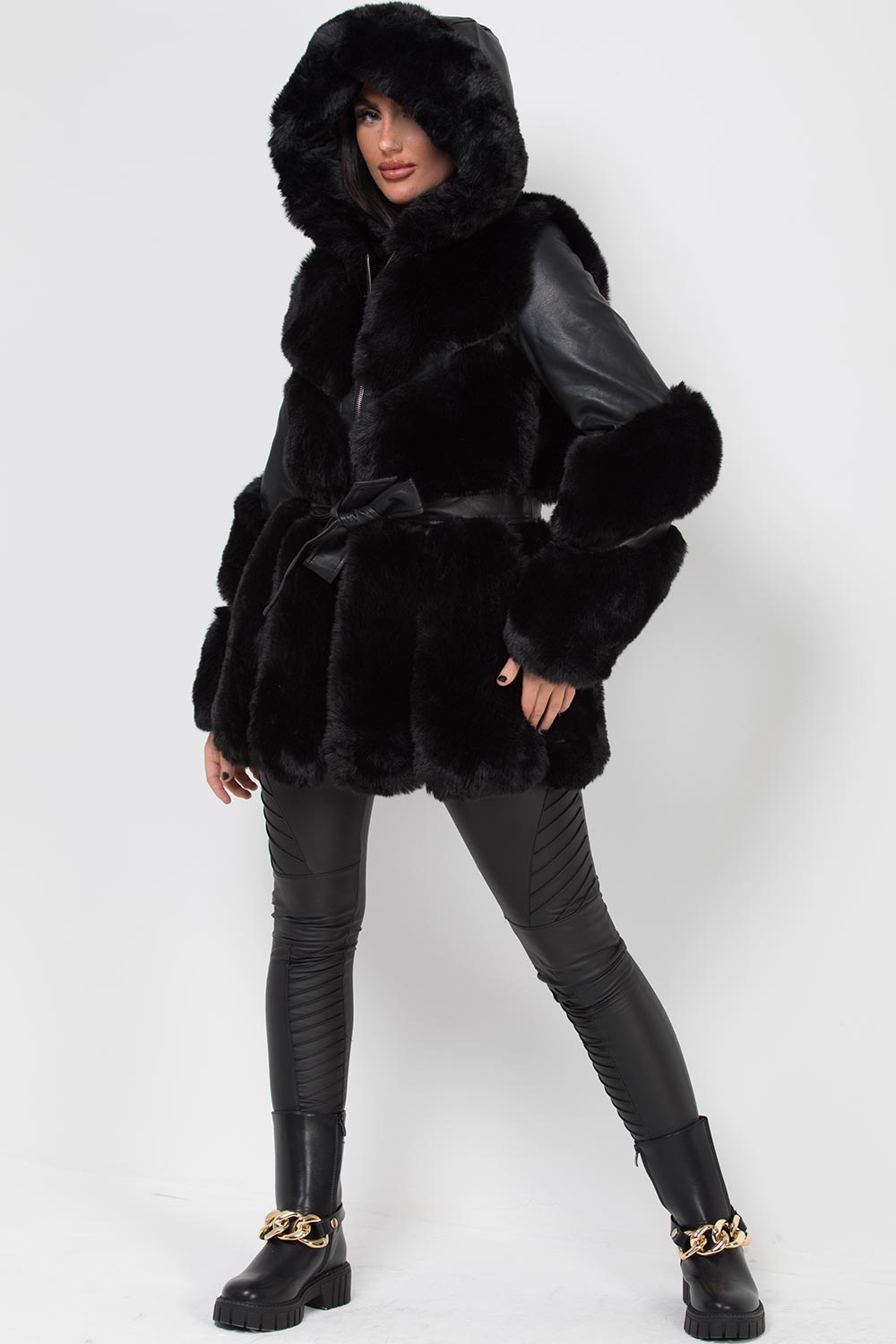 black faux fur faux leather hooded jacket womens