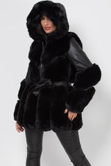 black faux fur faux leather hooded coat womens